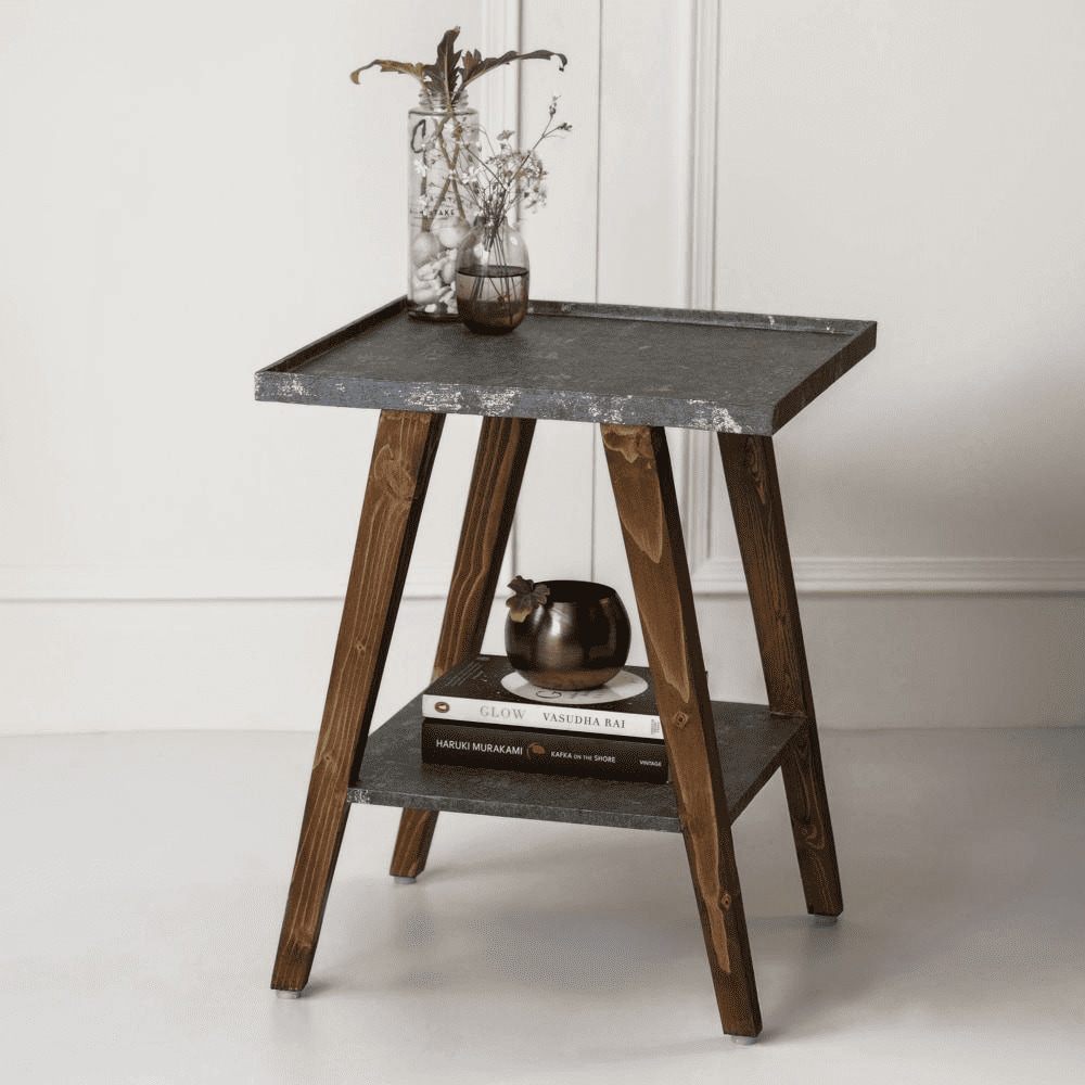 Transcendent Tinge Dark Blue Trapezium Incline Table, Side Table, Wooden End Table, Living Room Decor