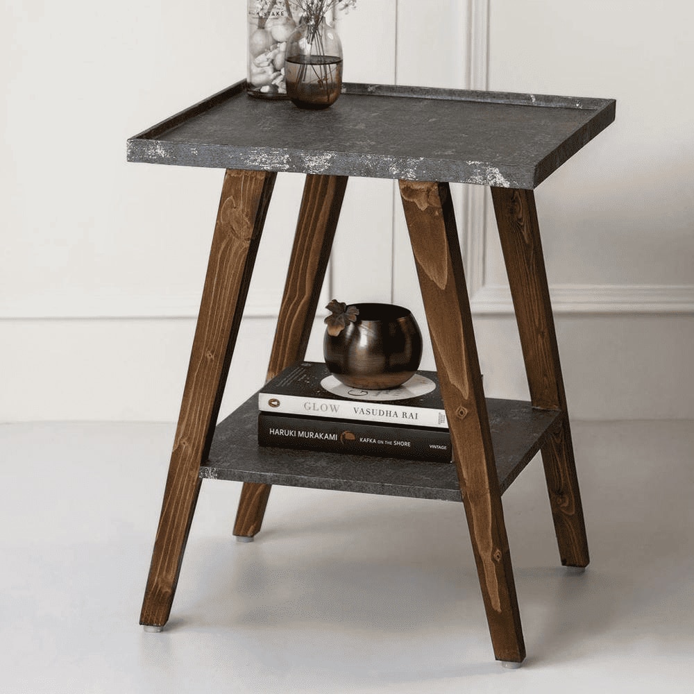 Transcendent Tinge Dark Blue Trapezium Incline Table, Side Table, Wooden End Table, Living Room Decor