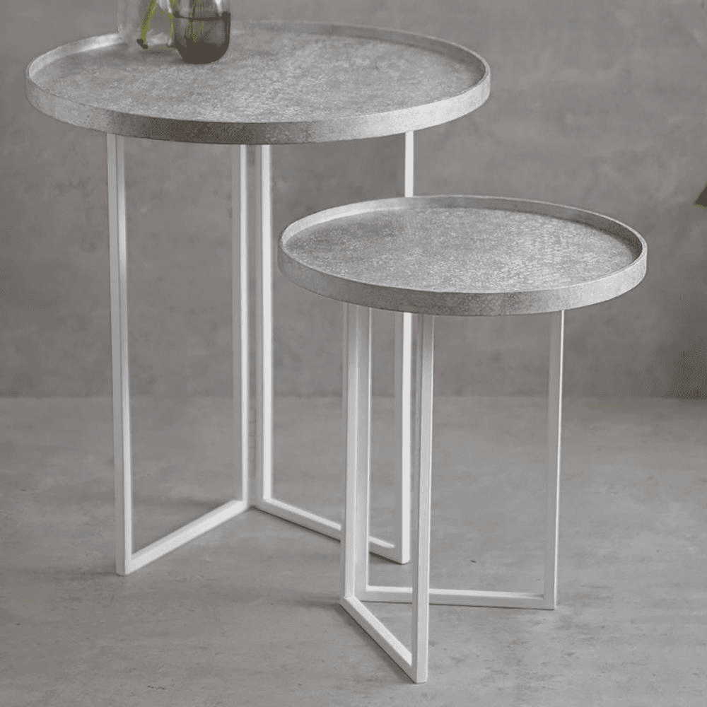 Transcendent Tinge Powder Blue Round Oblique Nesting Tables, Side Tables, Wooden Tables, Living Room Decor