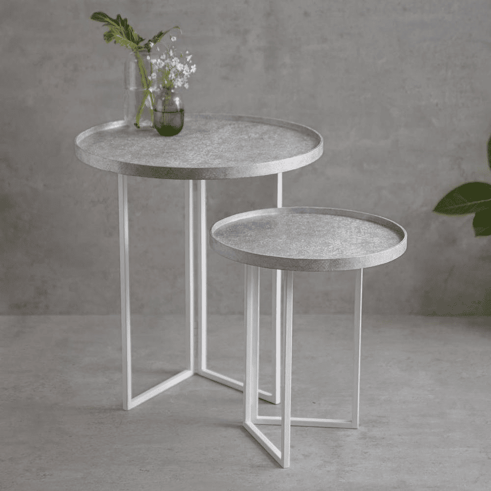 Transcendent Tinge Powder Blue Round Oblique Nesting Tables, Side Tables, Wooden Tables, Living Room Decor