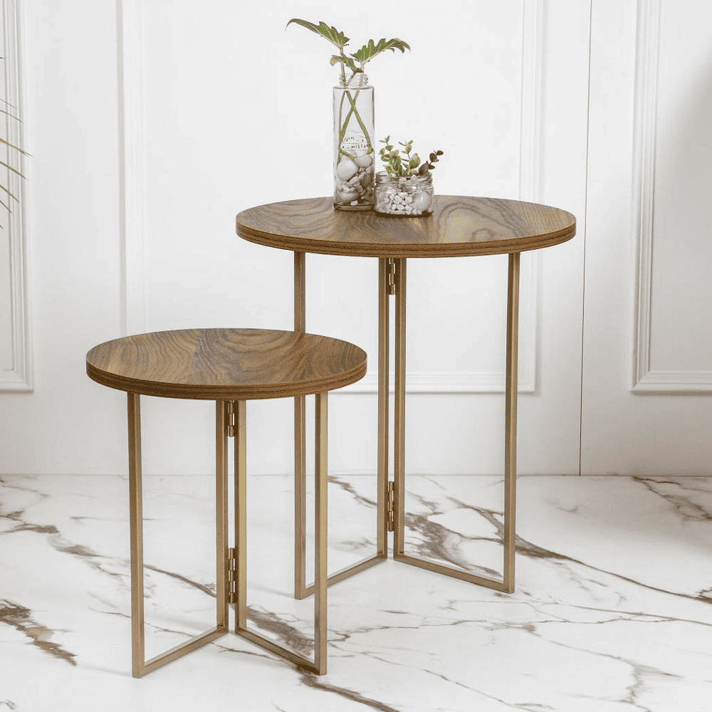 Teak Hues Round Oblique Nesting Tables, Side Tables, Wooden Tables, Living Room Decor