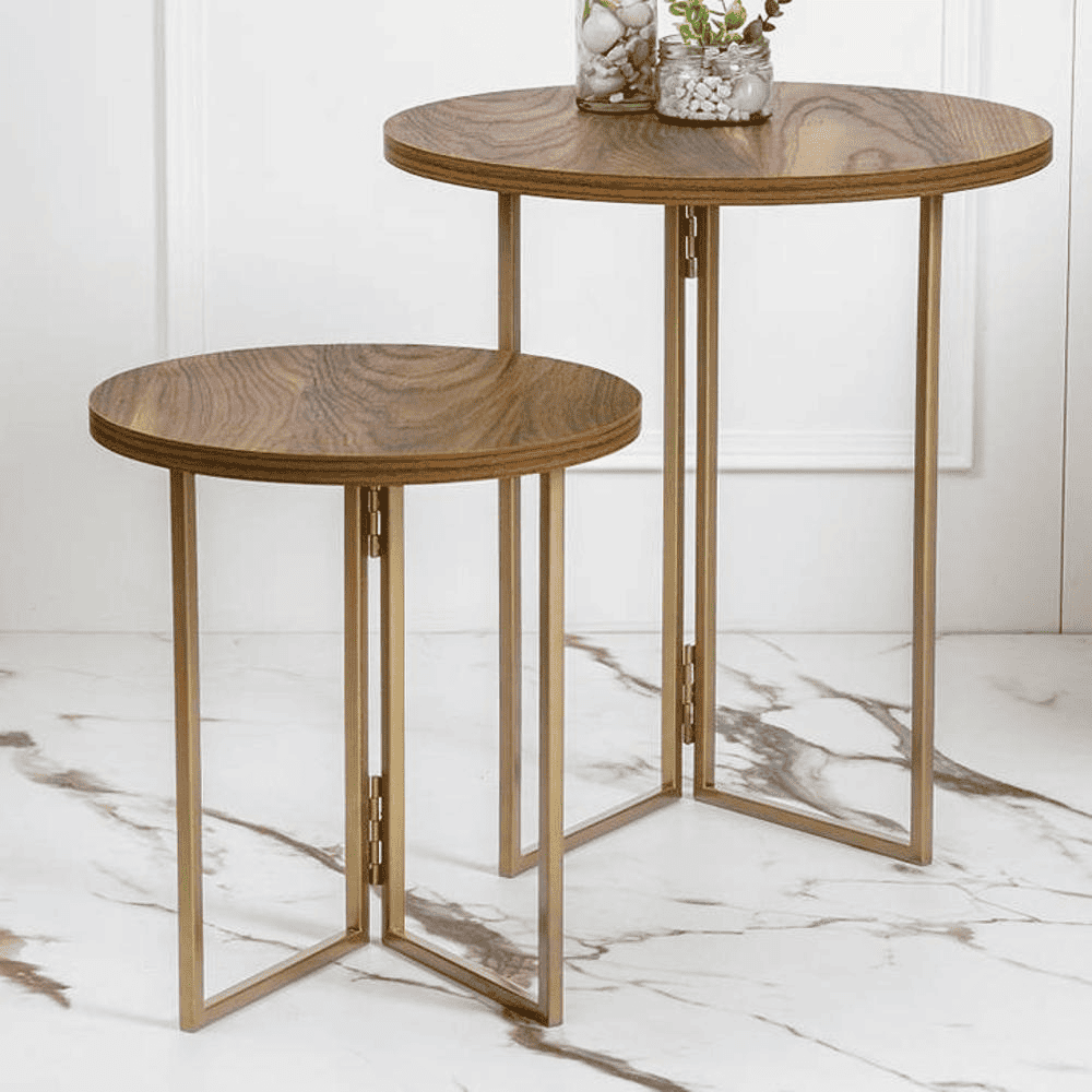Teak Hues Round Oblique Nesting Tables, Side Tables, Wooden Tables, Living Room Decor