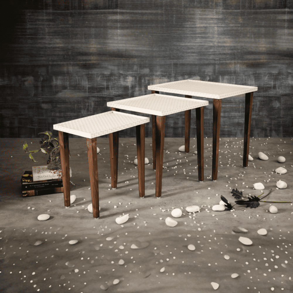 Herringbone Solid Wood Nested End Table in Paper Finish - Set of 3