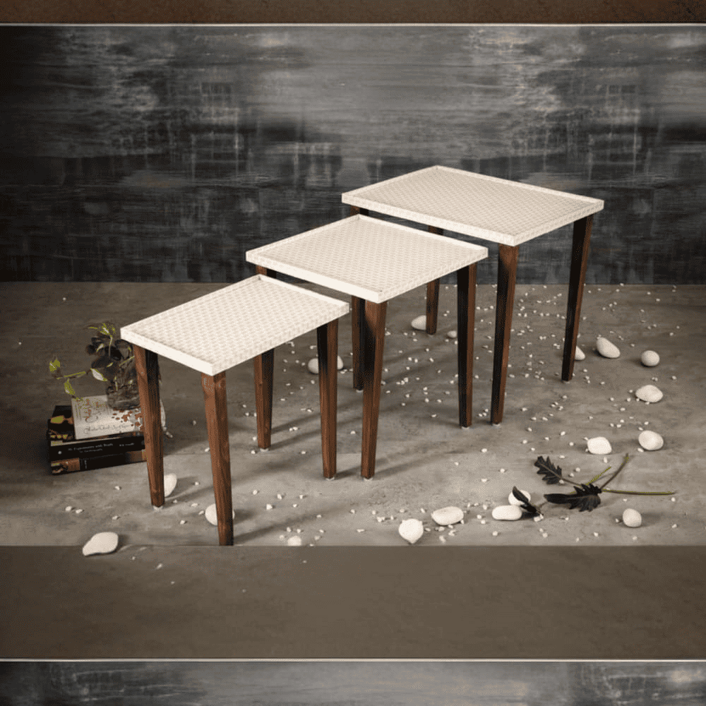 Herringbone Solid Wood Nested End Table in Paper Finish - Set of 3