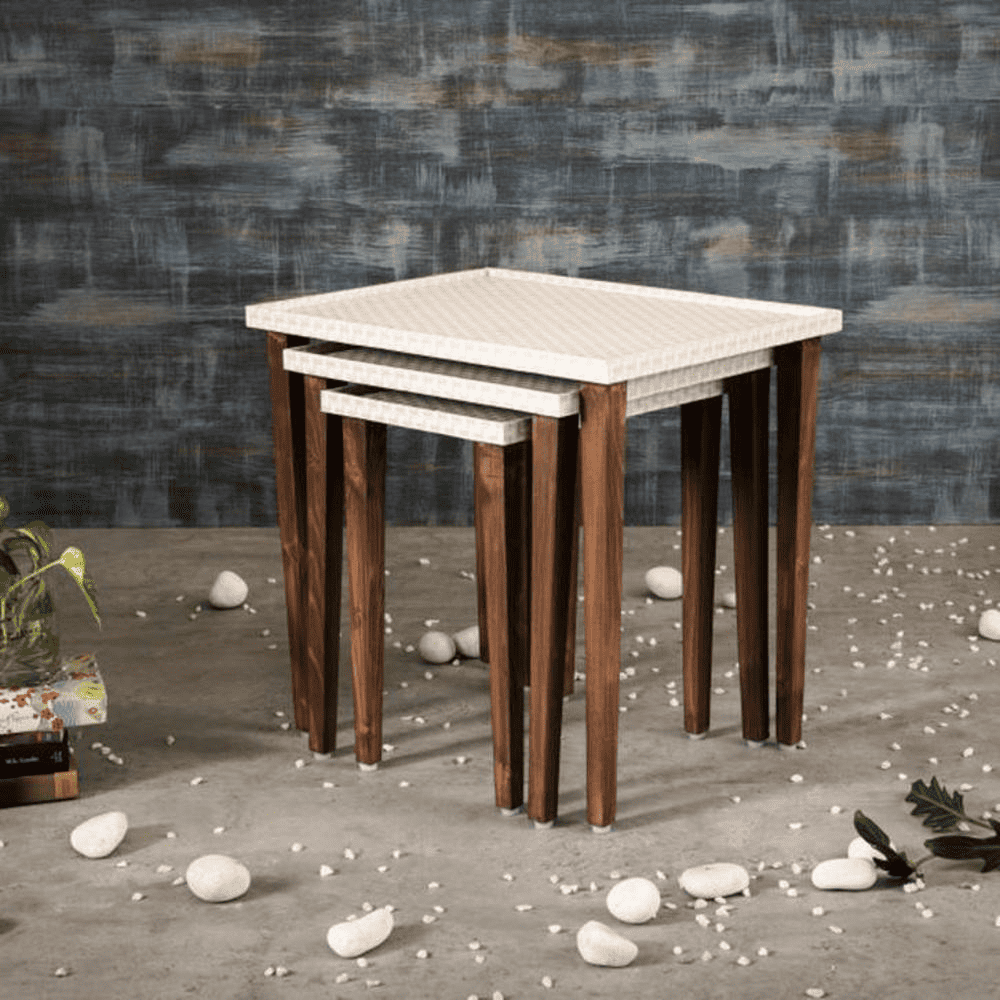 Herringbone Solid Wood Nested End Table in Paper Finish - Set of 3