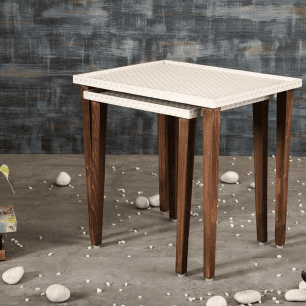 Herringbone Solid Wood Nested End Table in Paper Finish - Set of 2