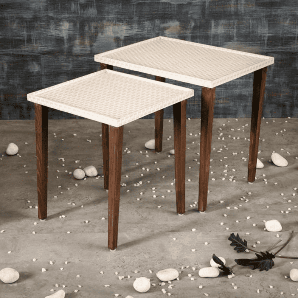 Herringbone Solid Wood Nested End Table in Paper Finish - Set of 2