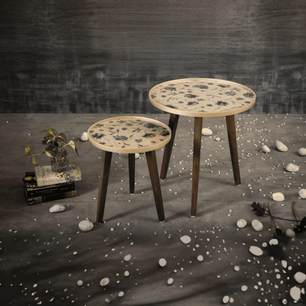 Floral Solid Wood Nested End Table in Paper Finish - Set of 2