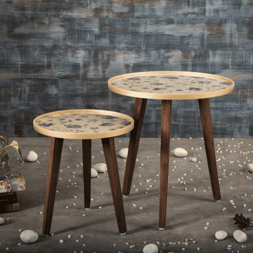 Floral Solid Wood Nested End Table in Paper Finish - Set of 2