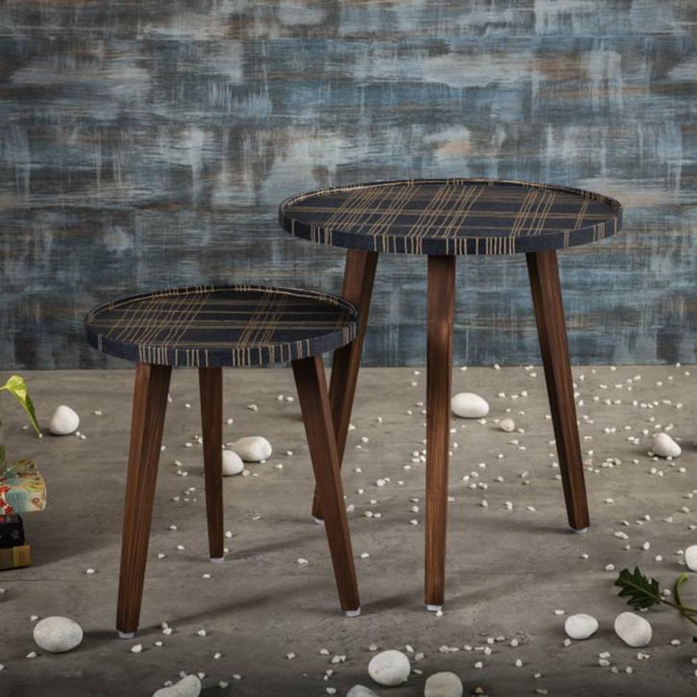 Tesseract Solid Wood Round Nested End Table in Paper Finish - Set of 2