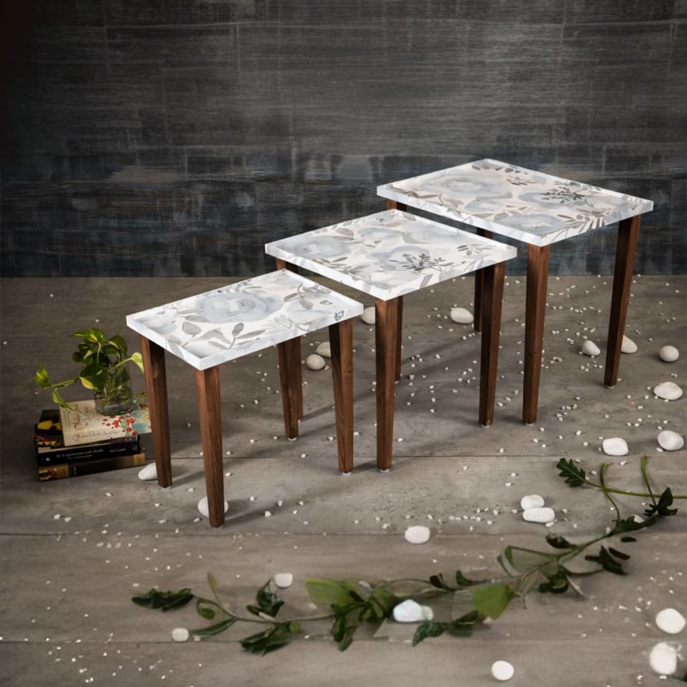 Blossom Solid Wood Nested End Table in Paper Finish - Set of 3