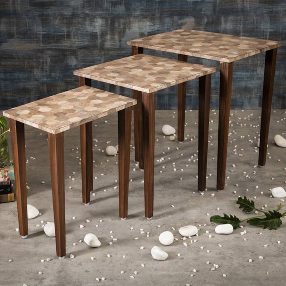 Hexagon Patches Solid Wood Nested End Table in Laminate Finish - Set of 3