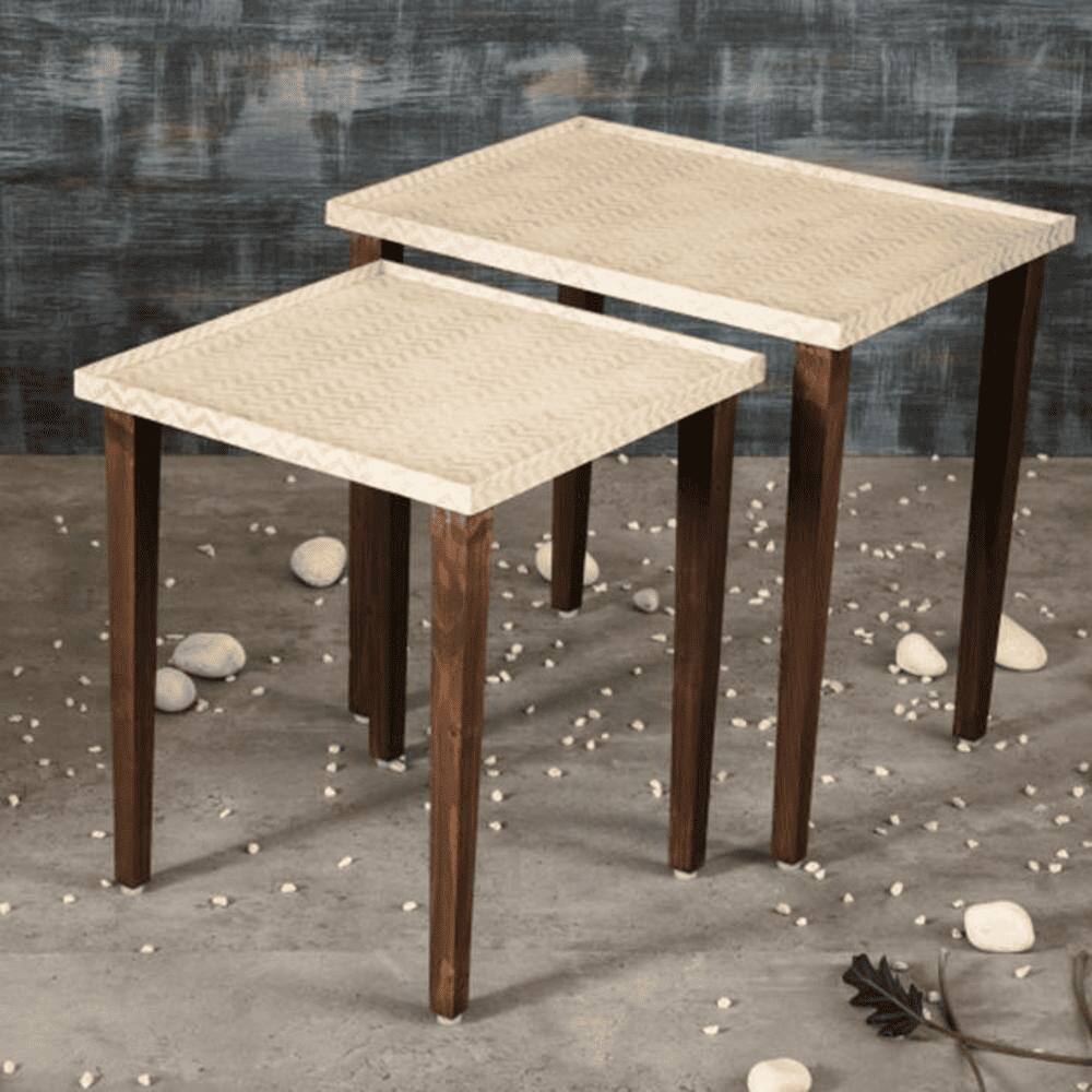 Chevron Solid Wood Rectangular Nested End Table in Paper Finish - Set of 2