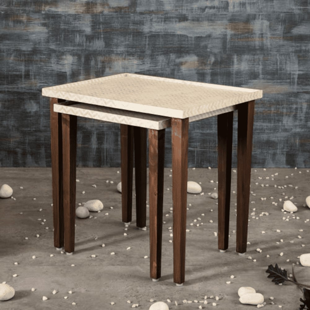 Chevron Solid Wood Rectangular Nested End Table in Paper Finish - Set of 2