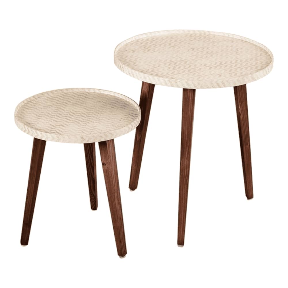 Chevron Solid Wood Round Nested End Table in Paper Finish - Set of 2