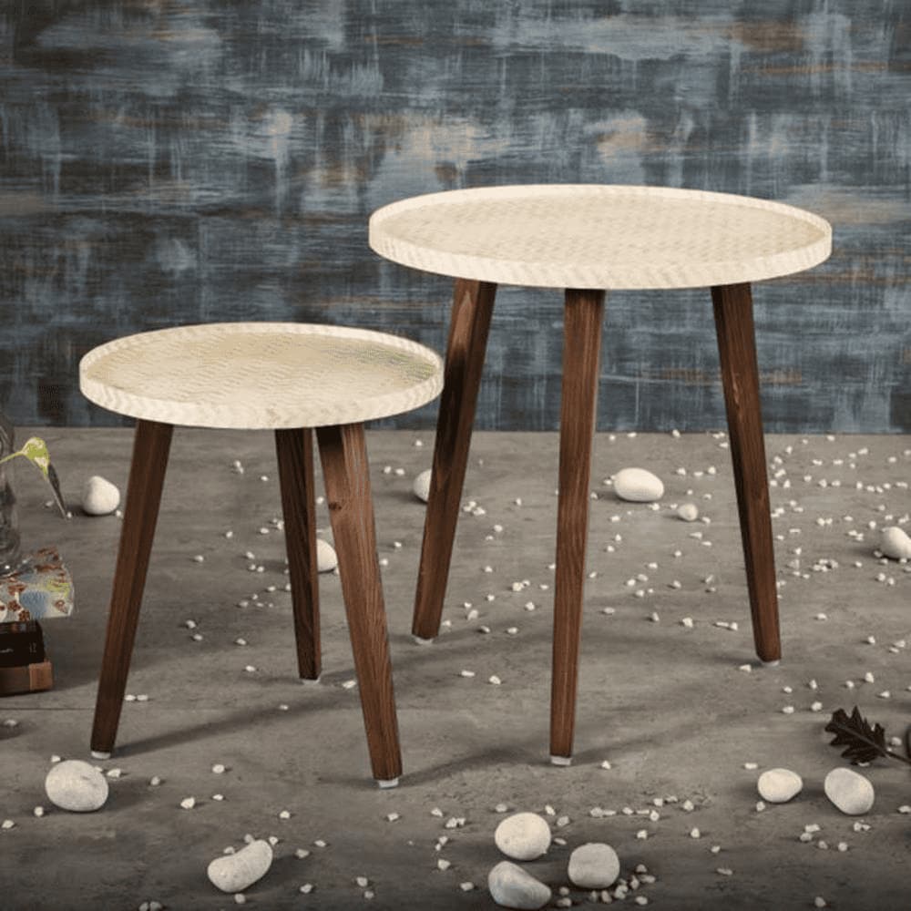 Chevron Solid Wood Round Nested End Table in Paper Finish - Set of 2