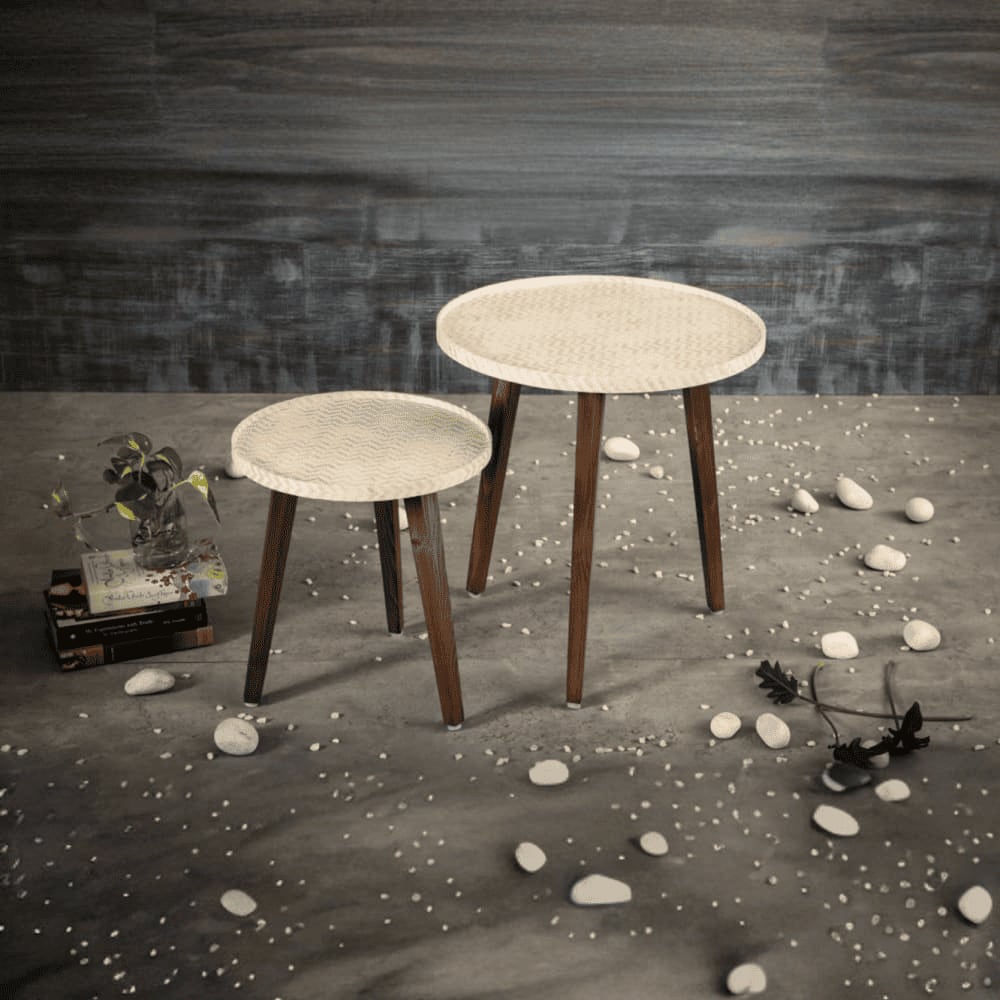 Chevron Solid Wood Round Nested End Table in Paper Finish - Set of 2