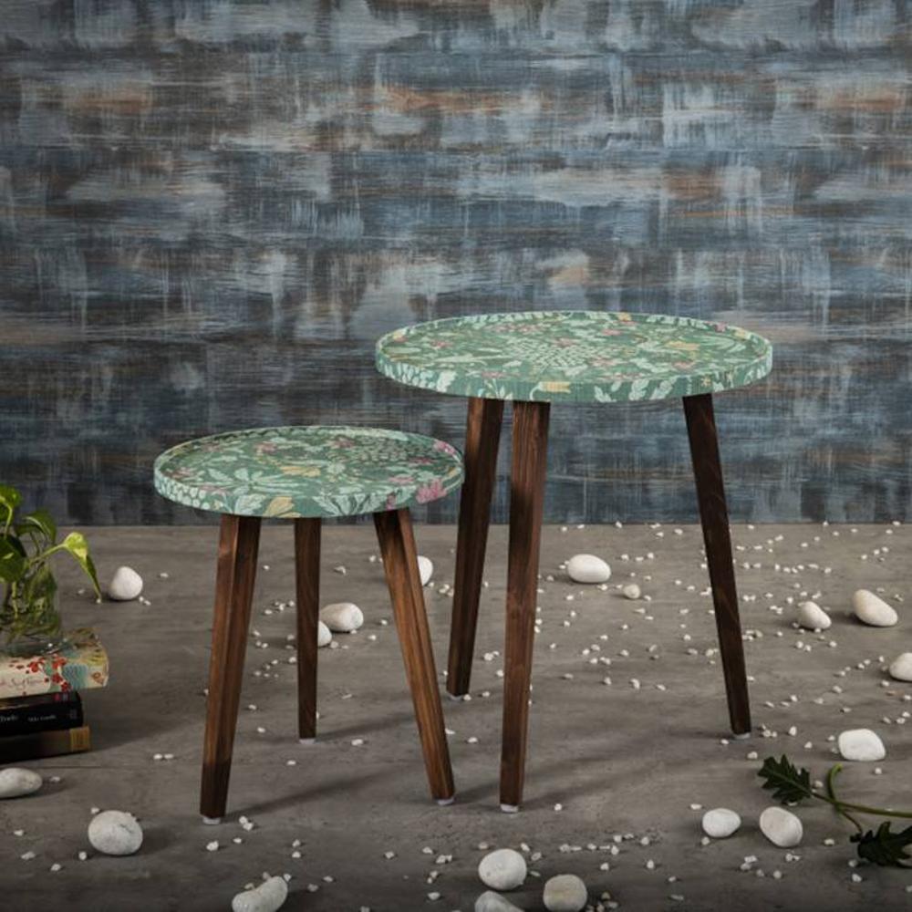 Heritageazure Solid Wood Round Nested End Table in Paper Finish - Set of 2