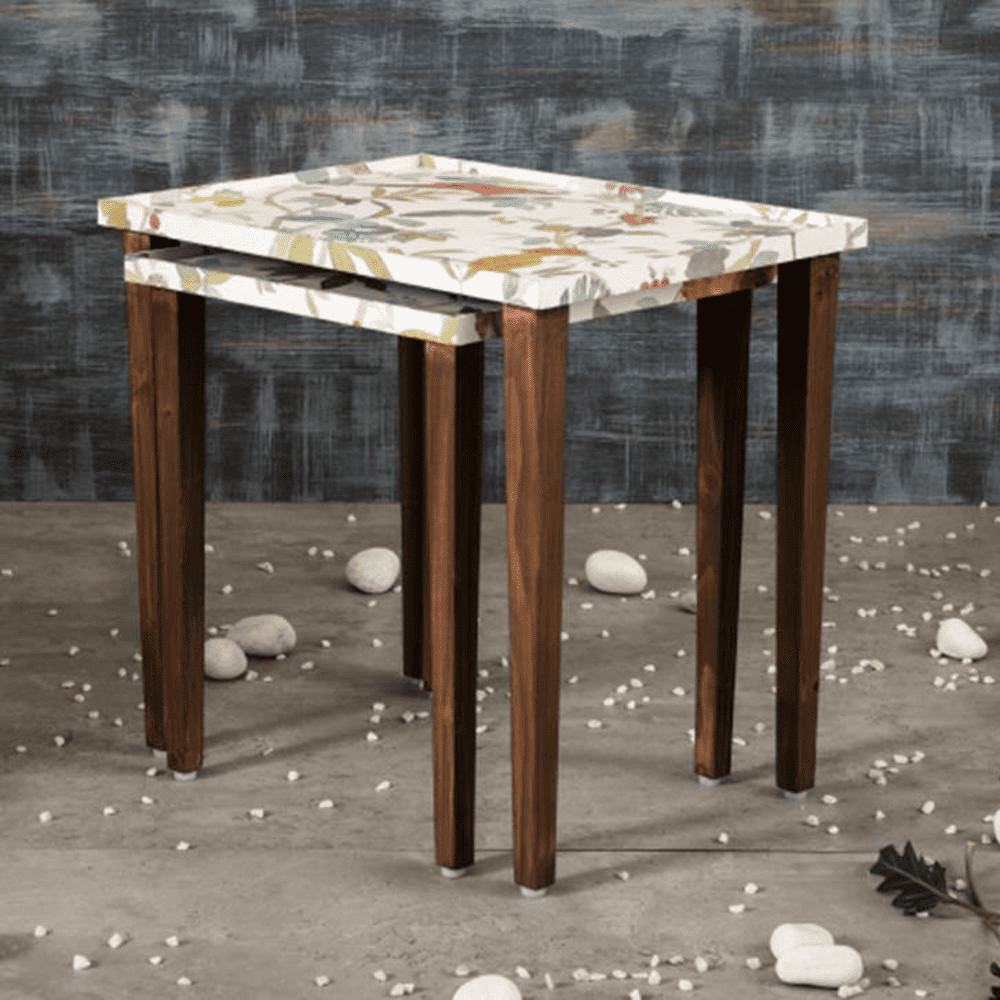 Pakshi Solid Wood Rectangular Nested End Table in Paper Finish - Set of 2