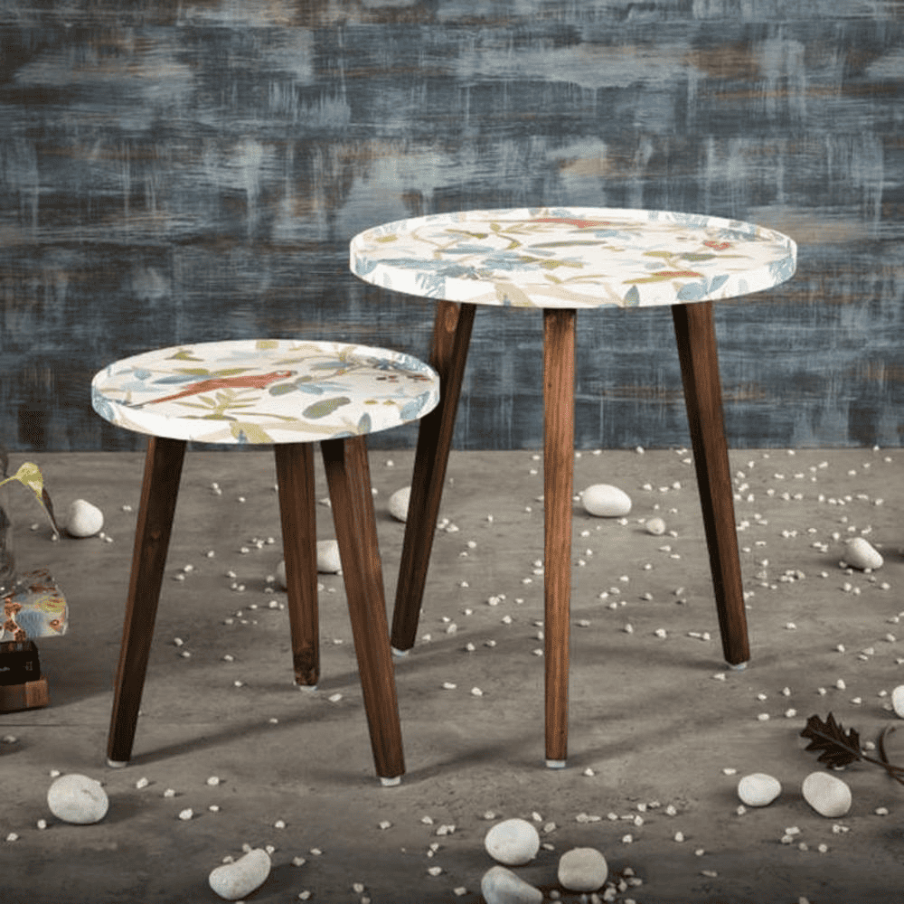 Pakshi Solid Wood Round Nested End Table in Paper Finish - Set of 2