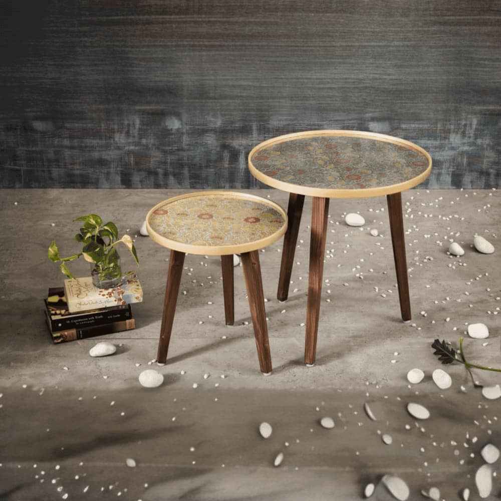 Khimkhwab Solid Wood Round Nested End Table - Set of 2