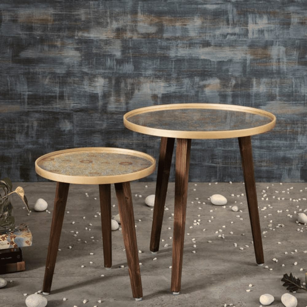 Khimkhwab Solid Wood Round Nested End Table - Set of 2