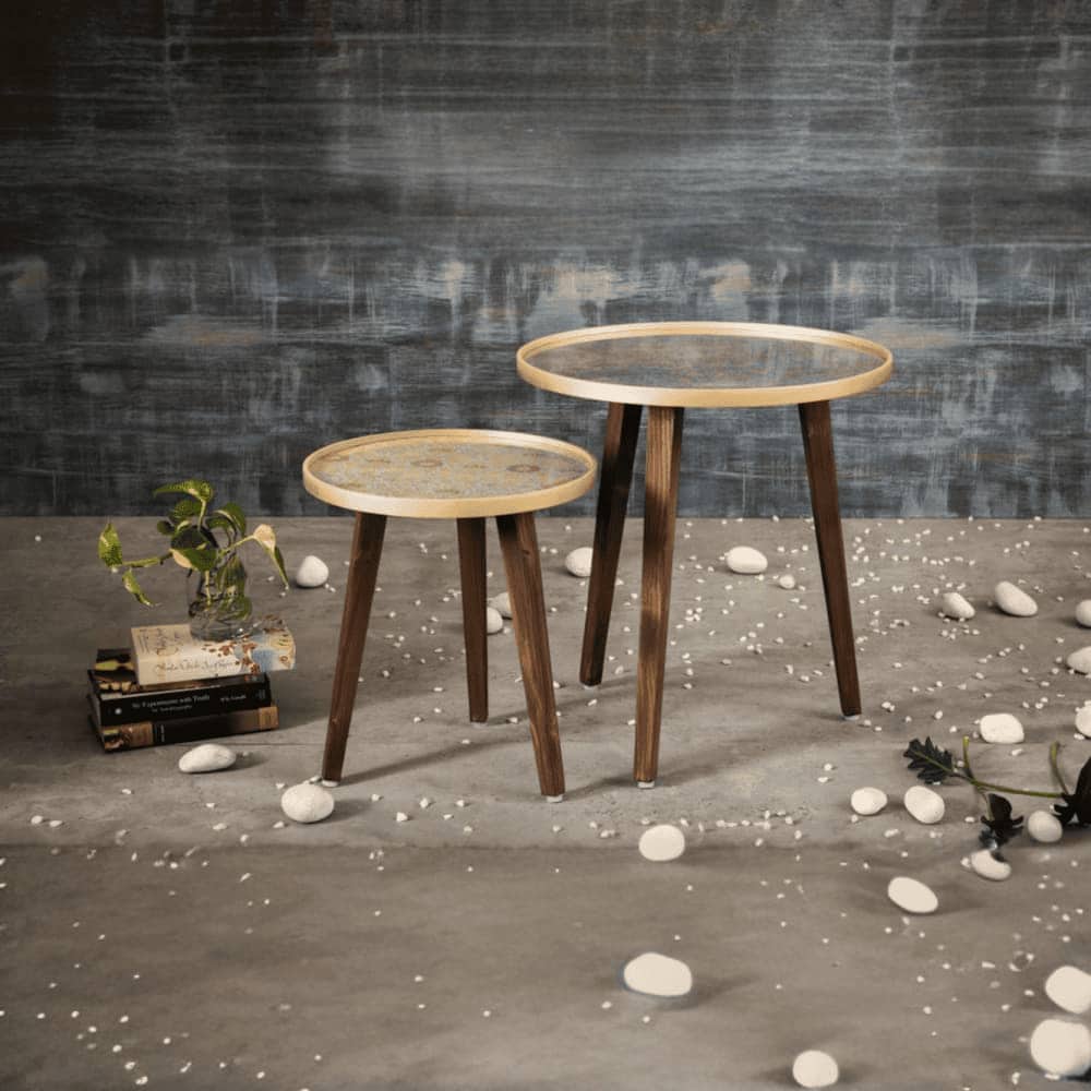 Khimkhwab Solid Wood Round Nested End Table - Set of 2