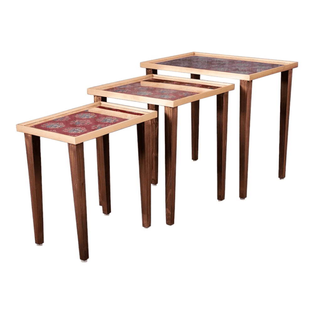 Peach Floral Motifs Solid Wood Nested End Table - Set of 3