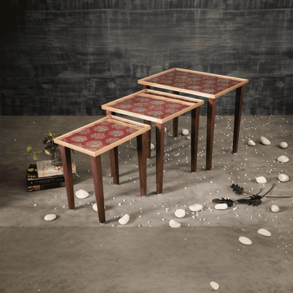 Peach Floral Motifs Solid Wood Nested End Table - Set of 3