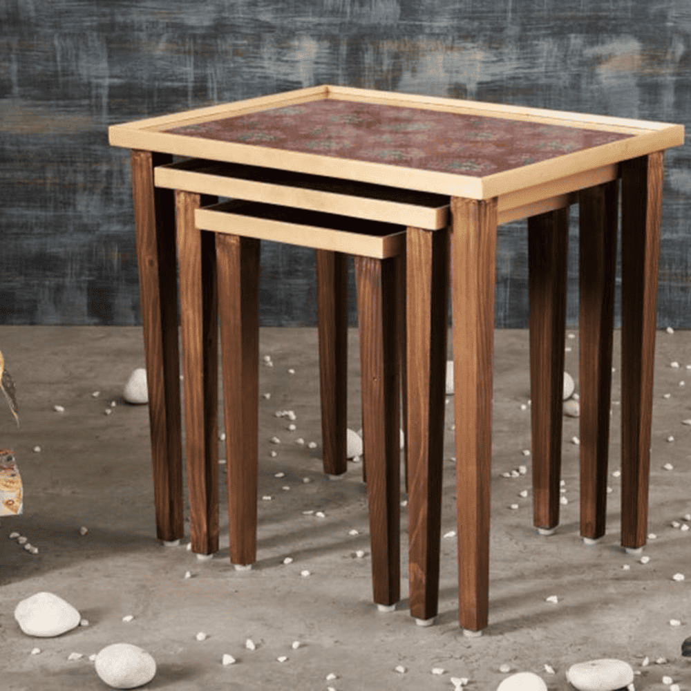Peach Floral Motifs Solid Wood Nested End Table - Set of 3