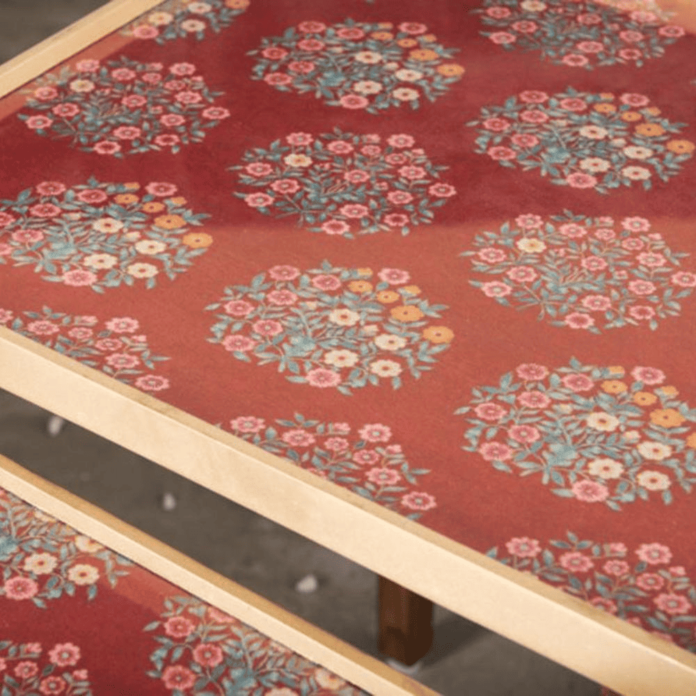 Peach Floral Motifs Solid Wood Nested End Table - Set of 3