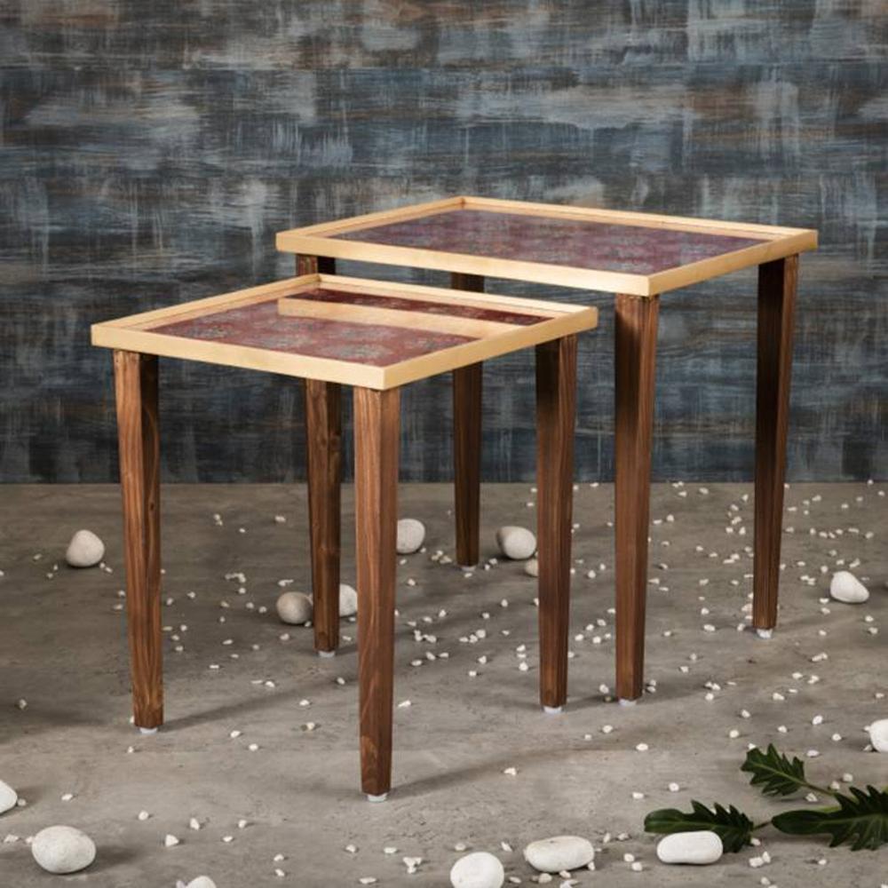 Peach Floral Motifs Solid Wood Nested End Table - Set of 2 - A Tiny Mistake