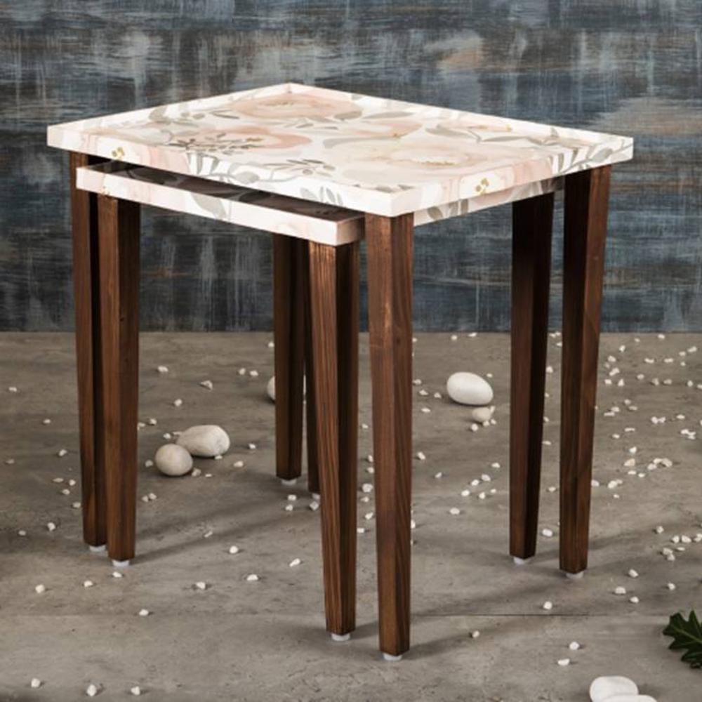 Blossom Solid Wood Rectangular Nested End Table in Paper Finish - Set of 2