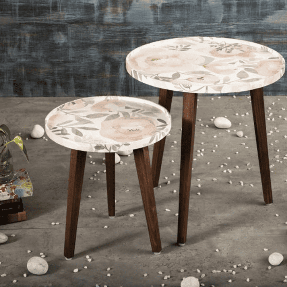 Blossom Solid Wood Round Nested End Table in Paper Finish - Set of 2