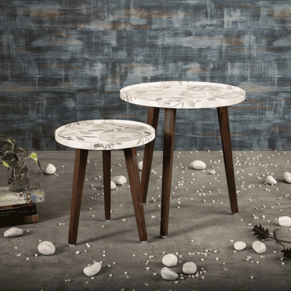 Blossom Solid Wood Round Nested End Table in Paper Finish - Set of 2