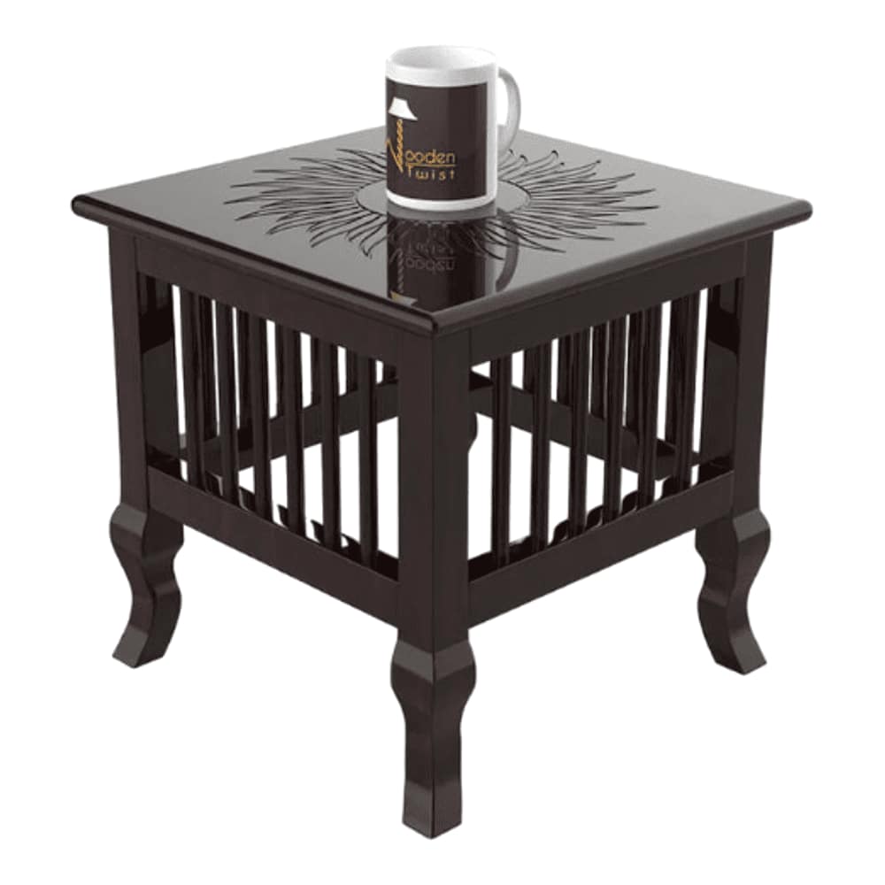 Mango Wood Walnut Finish Handmade Carving Classic Side Table for Living Room