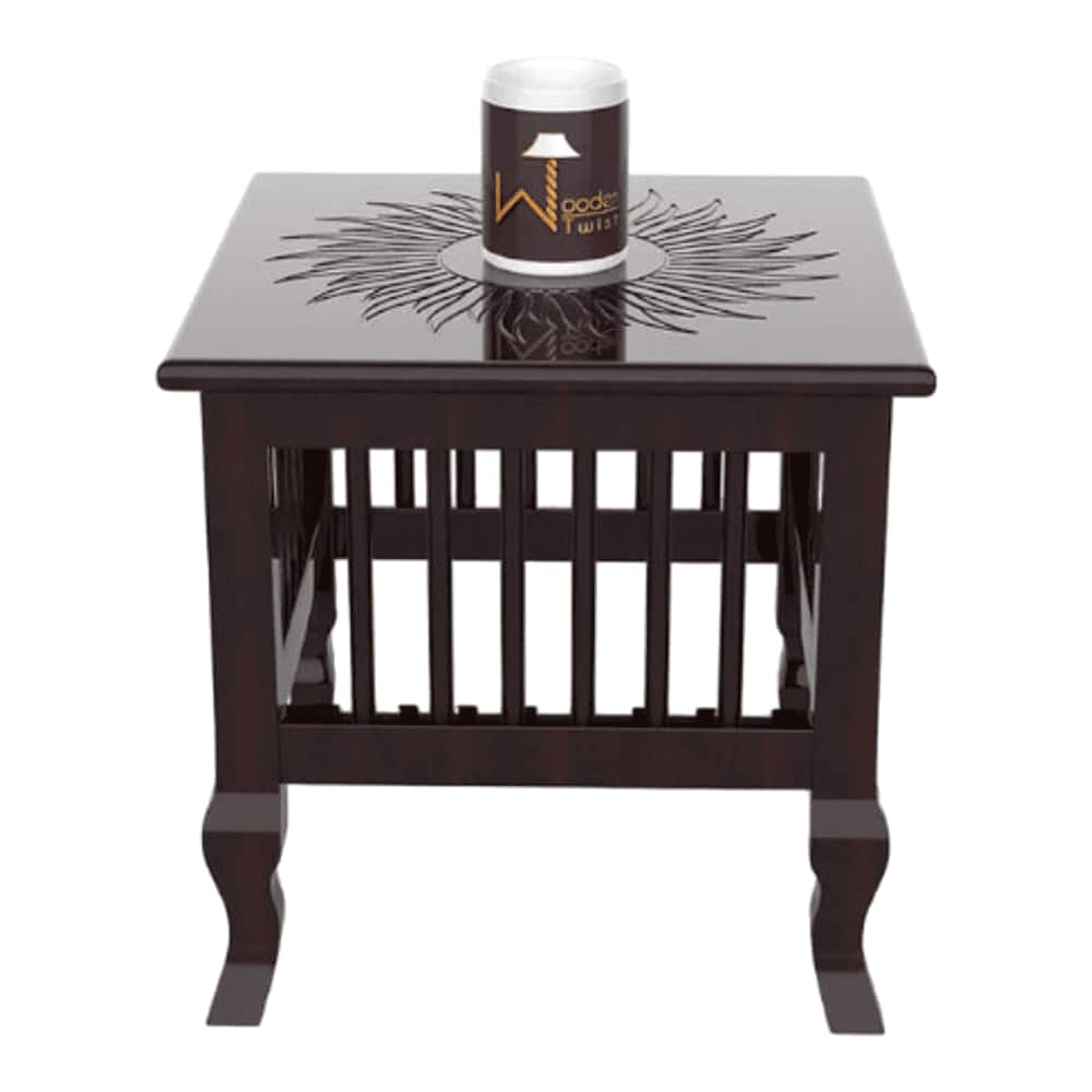 Mango Wood Walnut Finish Handmade Carving Classic Side Table for Living Room
