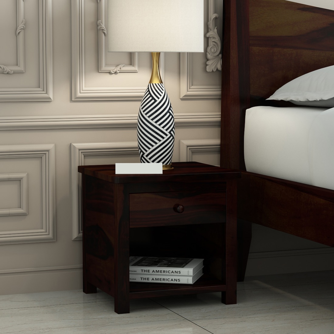 Madhavi Solid Wood Bedside Table in Walnut Finish
