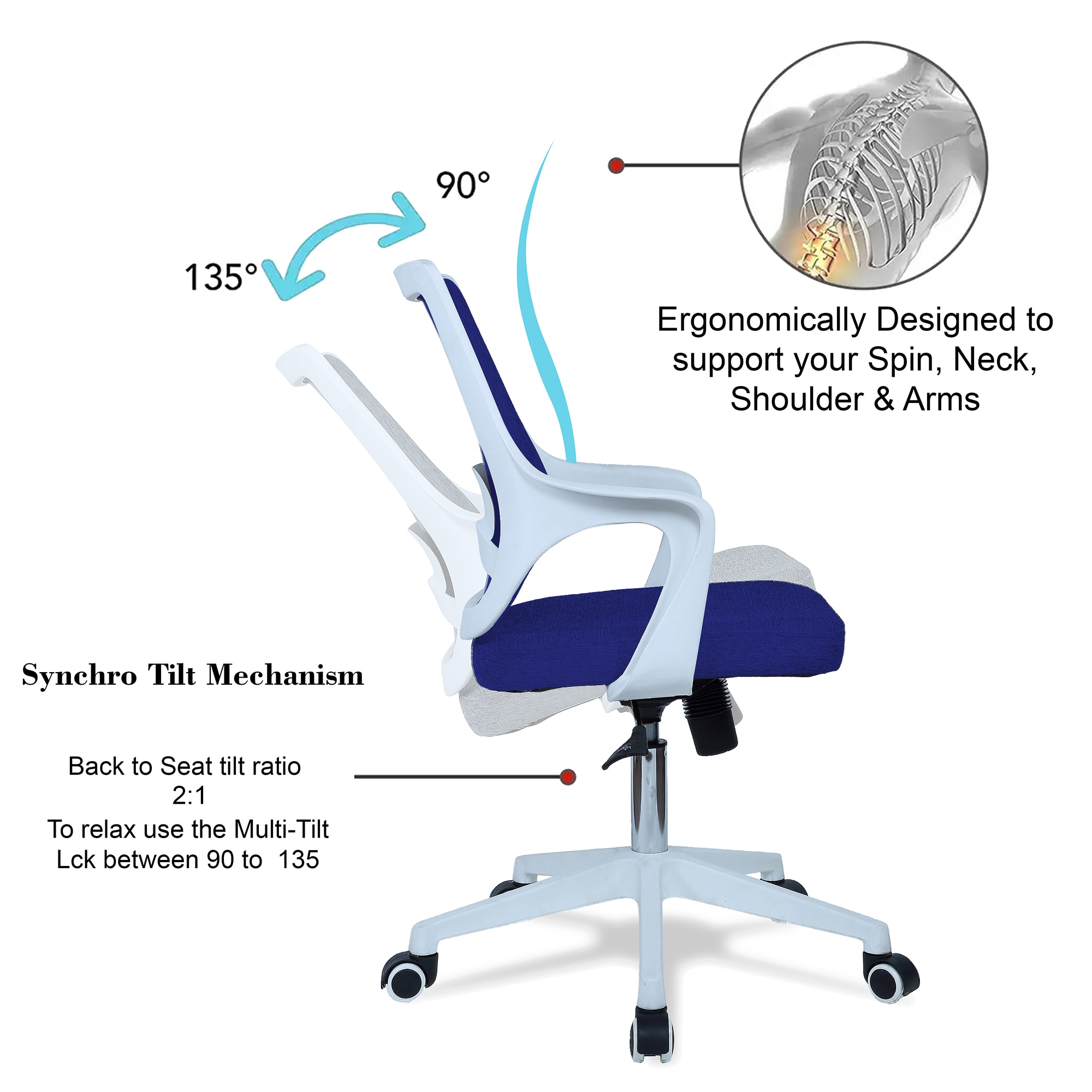 Mearveal Mid Back Ergonomic Chair in Blue Colour