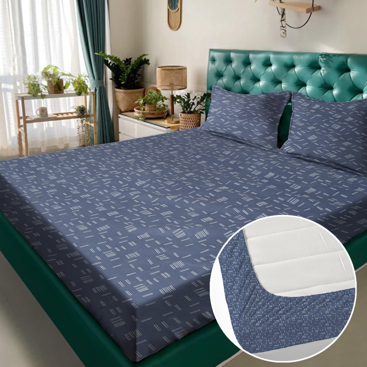Blue Abstract 180 TC Fitted 1 King  Bedsheet with 2 Pillow Covers