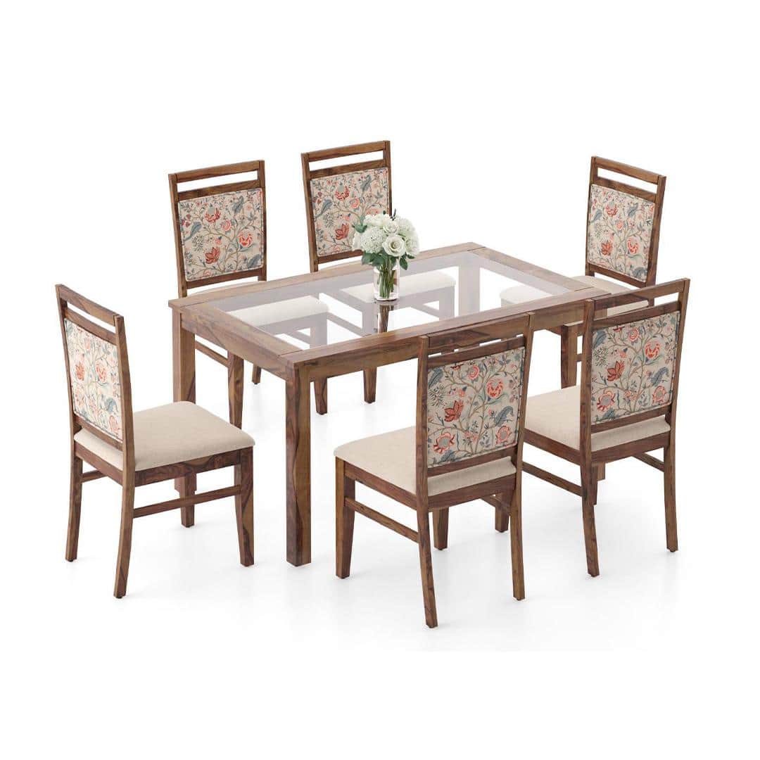 Floyd 6 Seater Glass Top Dining Table With Set Of 6 Alaine Dining Chairs (Colour- Calico Floral Retreat and Pony Beige, Finish- Teak)