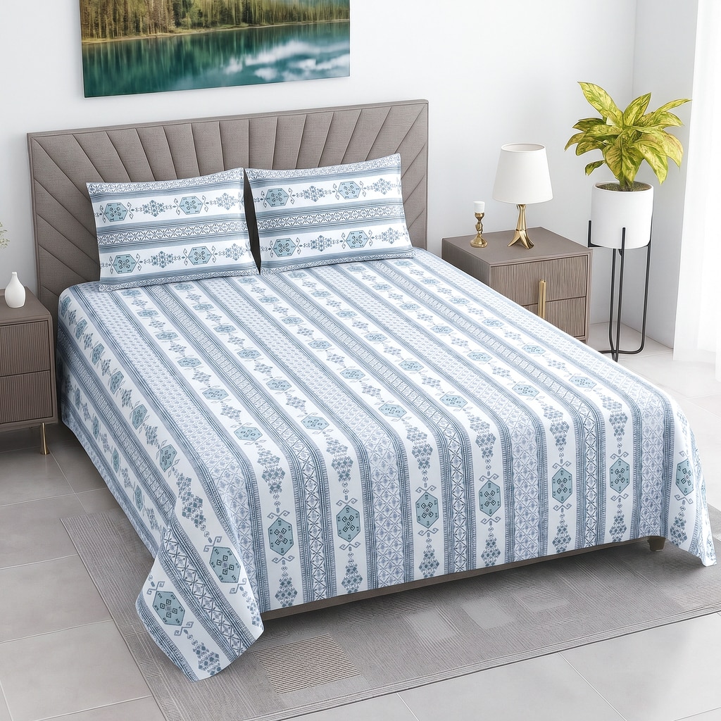 Blue And White Floral 400 Tc  Cotton Flat  Super King Size Bedsheet With 2 Pillow Cover - Threads