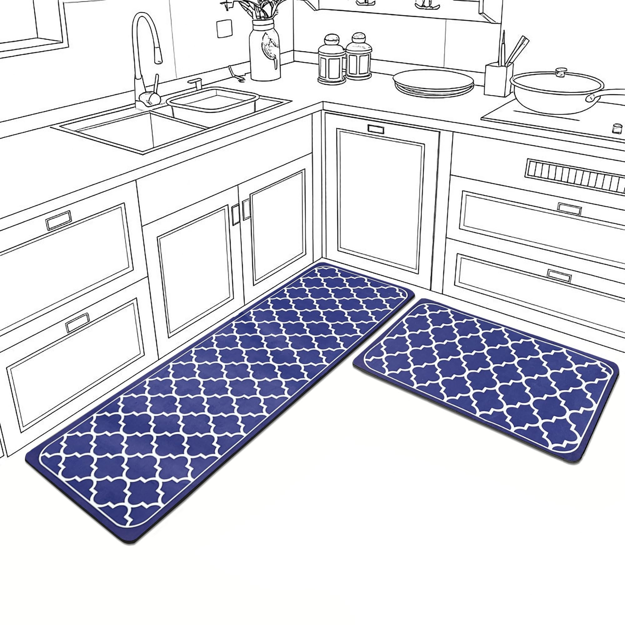 Luxe Home Quatrefoil Design Combo Kitchen Runner Mat- Blue (116x36 & 58x36 cm PC-2)