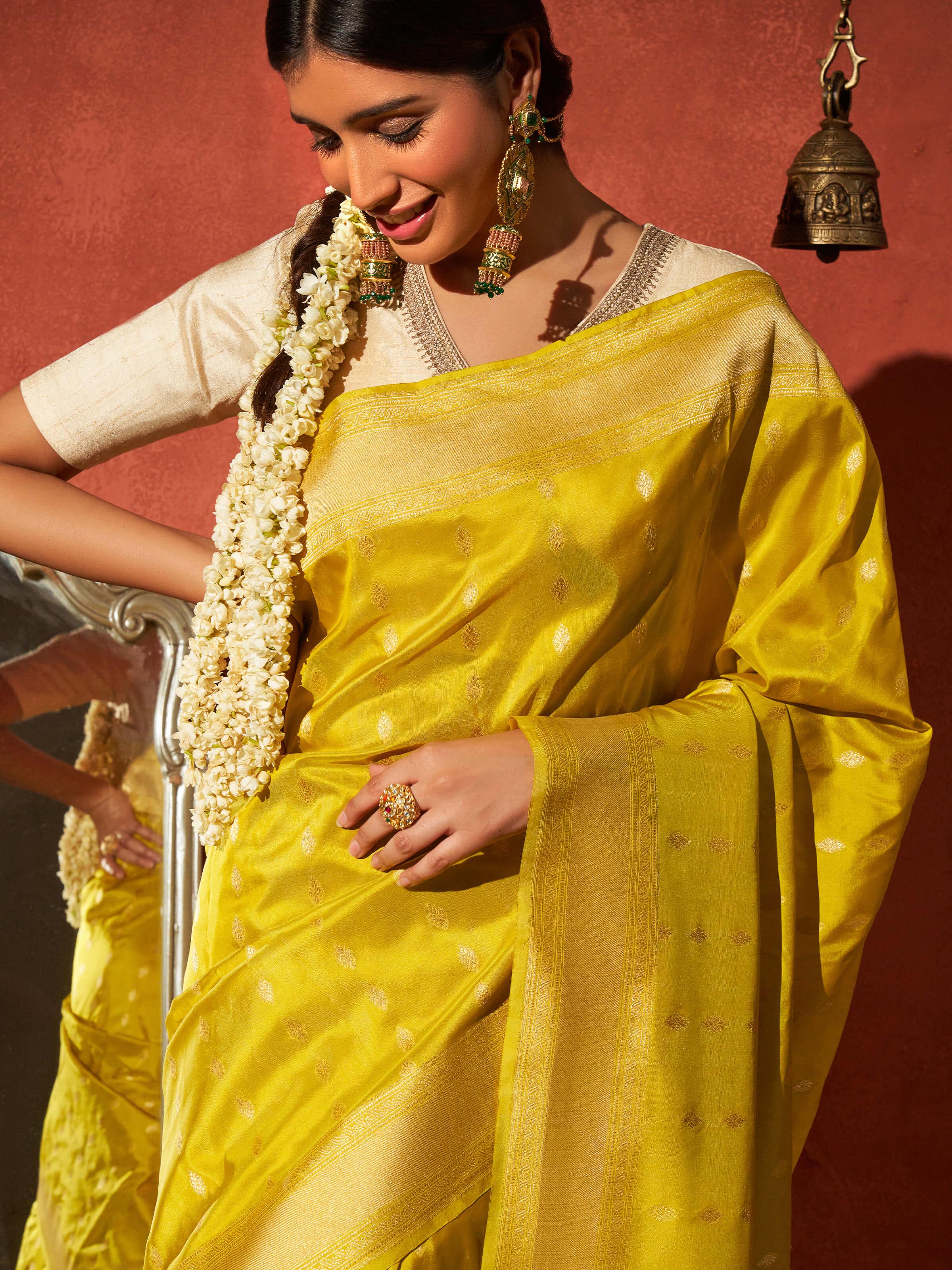 Yellow Mulberry Katan Silk Banarasi Saree