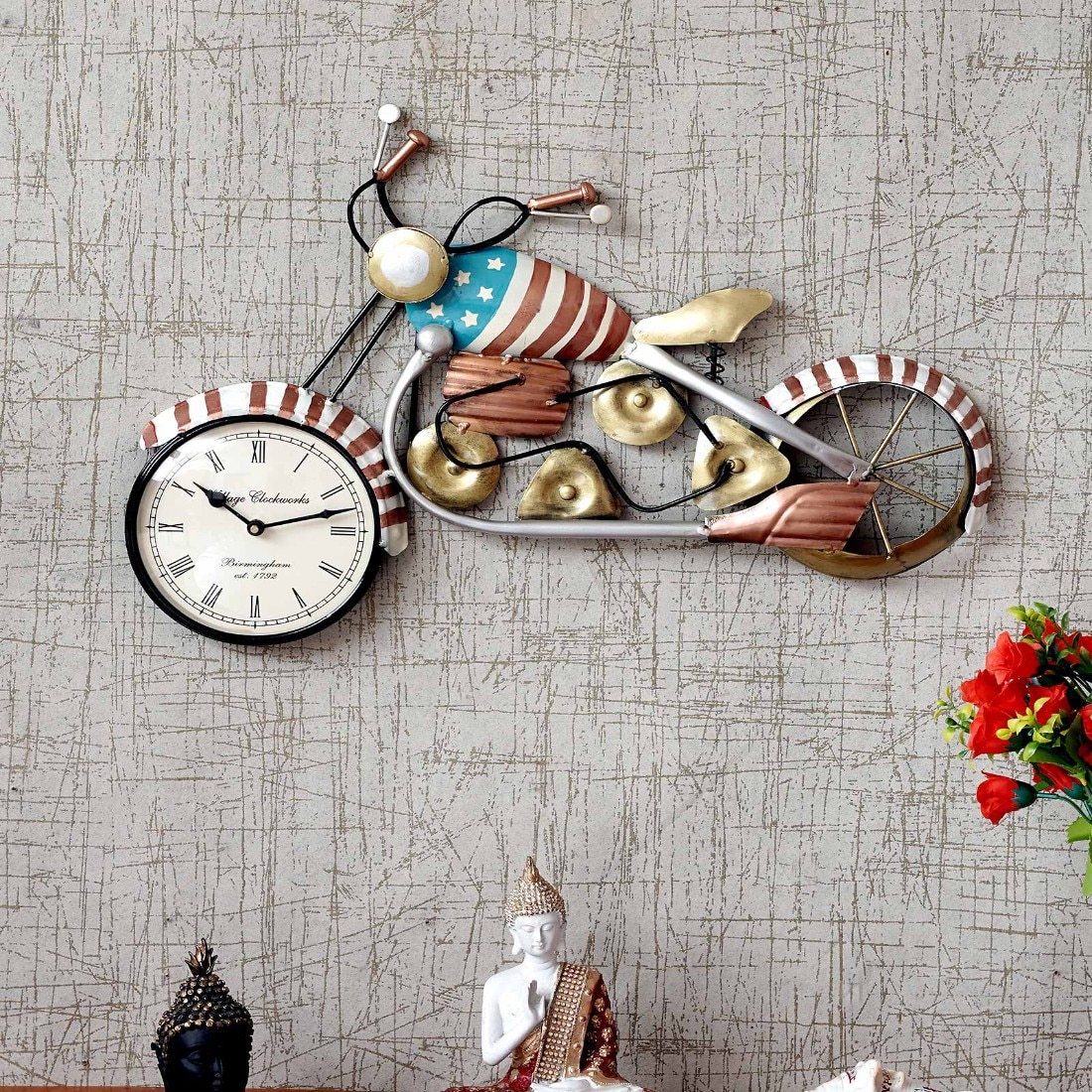 Craft Tree Metal Handpainted Decorative Bike Clock Showpiece Dial Size 6'' In Multicolor