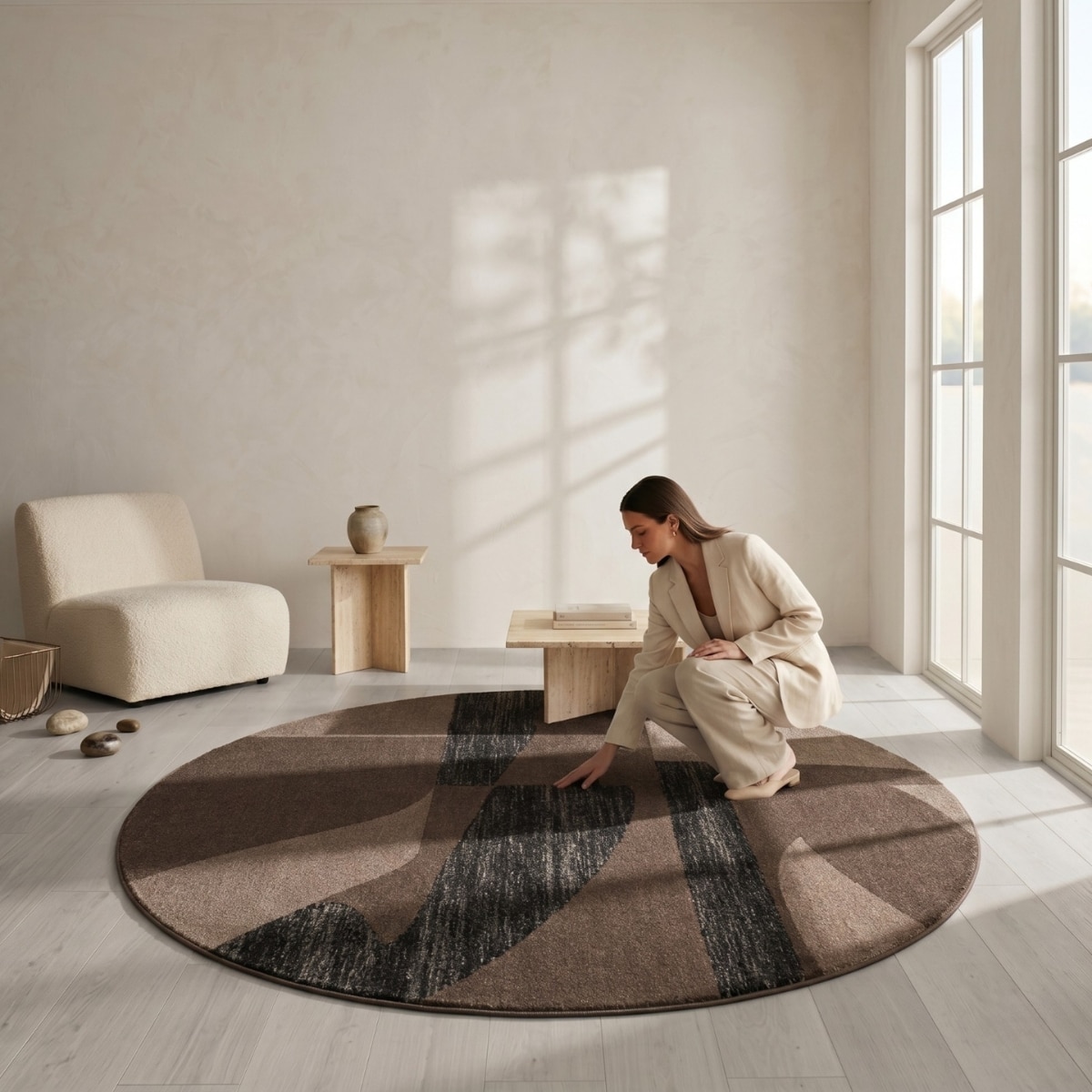 Handmade Round Wool Rug Modern Abstract Brown Beige 4 Feet Carpet - NEU LOOMS