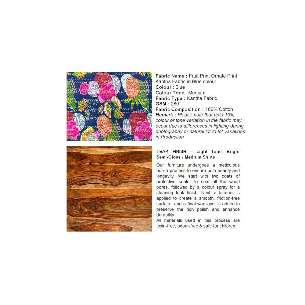 Cairo Sheesham Wood Mid Century 3 Seater Bench In Fruit Print Blue Kantha