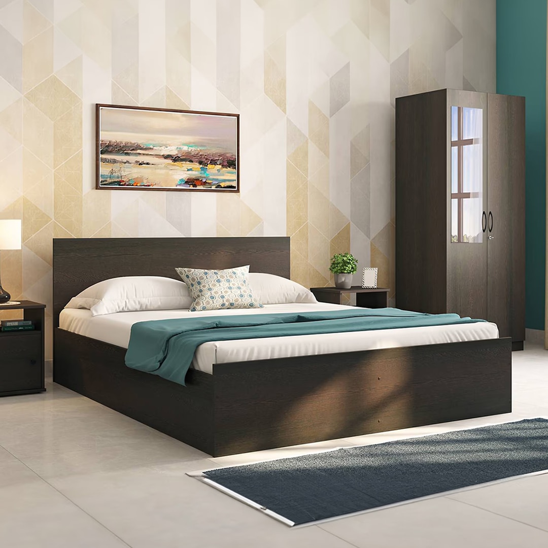 Wren Engineered Wood King Size Box Storage Bed In Dark Wenge Finish