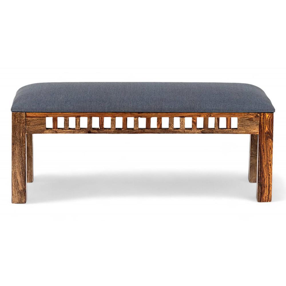 Milford Sheesham Wood Accent 3 Seater Bench In Anchor Grey Fabric