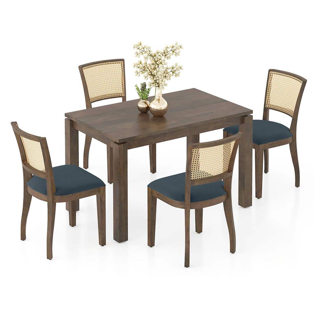 Atlas Solid Wood 4 Seater Dining Table In Danish Walnut Finish With Reed Dining Chairs